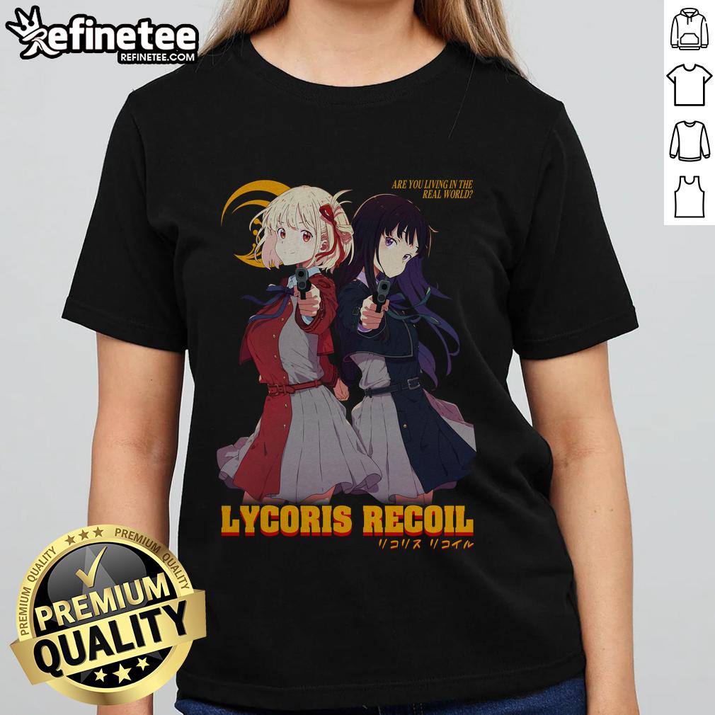 Alt Text: Cute LycoReco Lycoris Recoil ladies tee featuring vibrant anime graphics and stylish design for fans.