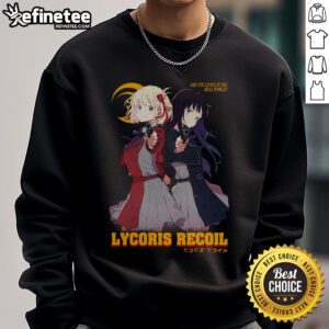 Alt Text: Cute LycoReco Lycoris Recoil sweatshirt featuring vibrant colors and a stylish design, perfect for anime fans.