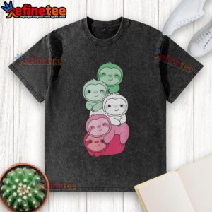 Cute rainbow sloth stack design on a washed T-shirt, perfect for animal lovers and casual wear.