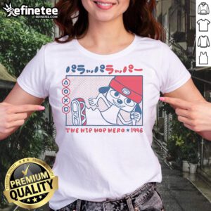 Alt Text: Cute Rappa Dog the Hip Hop Hero 1996 ladies tee featuring a playful dog in hip-hop attire, perfect for dog lovers.