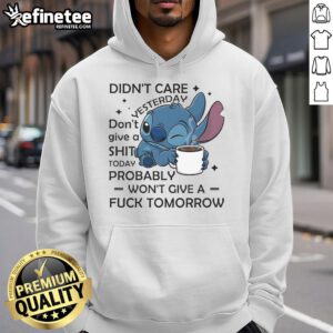 Alt Text: Cute Stitch Coffee hoodie with humorous text about not caring, perfect for laid-back fashion lovers.
