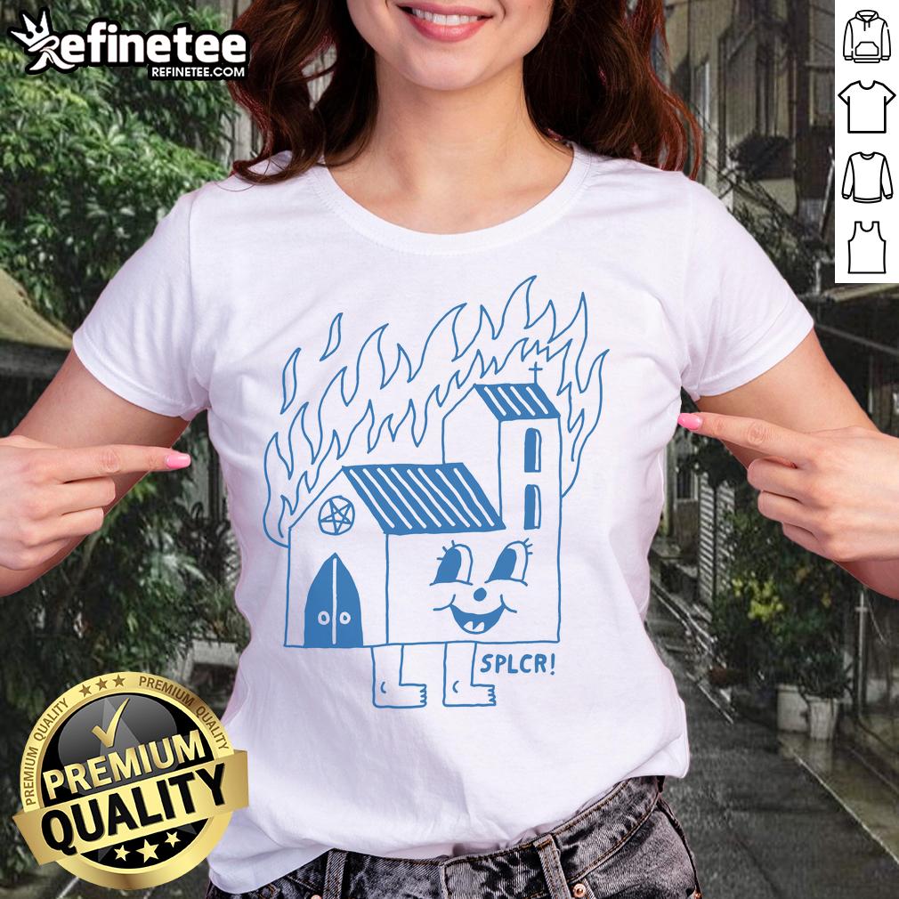 Funny Burning Church Ladies Tee featuring humorous graphics and vibrant colors, perfect for casual wear and laughs.