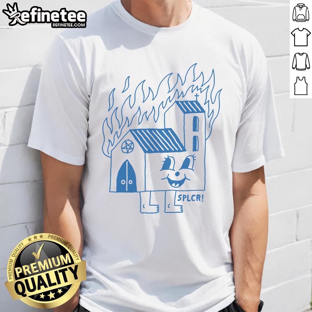 Funny Burning Church T-Shirt featuring a humorous graphic of a church on fire, perfect for comedy lovers and unique fashion.