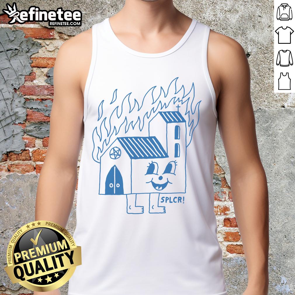 Funny burning church tank top featuring a humorous graphic design, perfect for casual wear and making a bold statement.