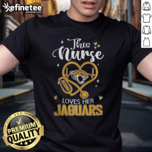 Alt Text: Nurse wearing a Jacksonville Jaguars T-shirt, showcasing her love for the team with a cheerful smile.