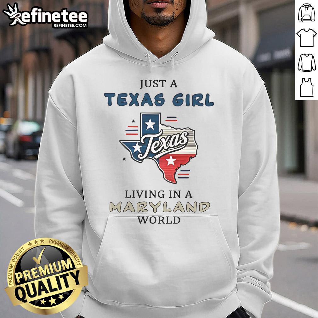 Happy Texas girl wearing a Maryland-themed hoodie, showcasing her unique style and pride in both states.
