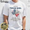 Happy Just A Texas Girl Living In A Missouri World T-Shirt design featuring vibrant colors and a fun, playful font.