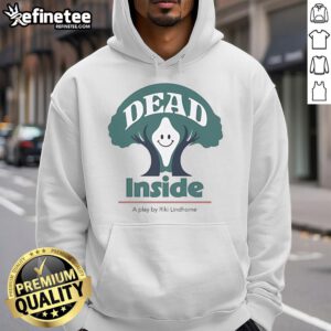 Riki Lindhome in a 'Dead Inside' play hoodie, smiling happily, showcasing the unique design and playful vibe.