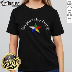 Alt Text: Happy Support the Druze Traditional Flag Star Ladies Tee featuring a colorful Druze flag design on a stylish shirt.