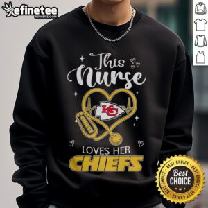 Happy nurse wearing a Kansas City Chiefs sweatshirt, showcasing team spirit and love for football.