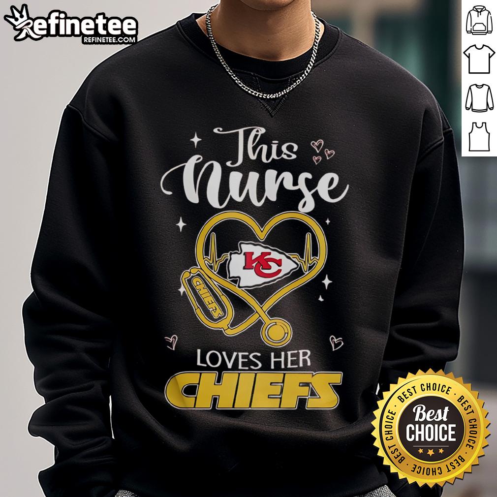Happy nurse wearing a Kansas City Chiefs sweatshirt, showcasing team spirit and love for football.