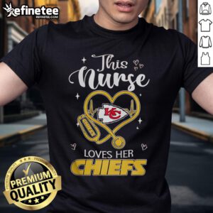 Happy nurse wearing a Kansas City Chiefs t-shirt, showcasing team spirit and love for football.