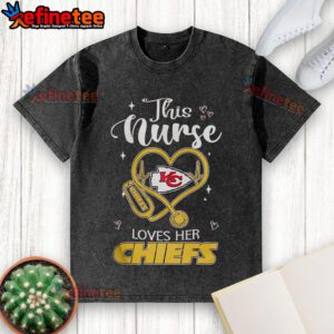 Happy nurse in Kansas City Chiefs washed t-shirt, showcasing team spirit and love for football.