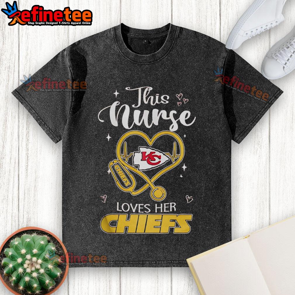 Happy nurse in Kansas City Chiefs washed t-shirt, showcasing team spirit and love for football.