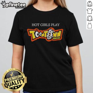 Alt Text: Hot girl wearing a stylish Toontown Online ladies tee, showcasing vibrant colors and playful design.