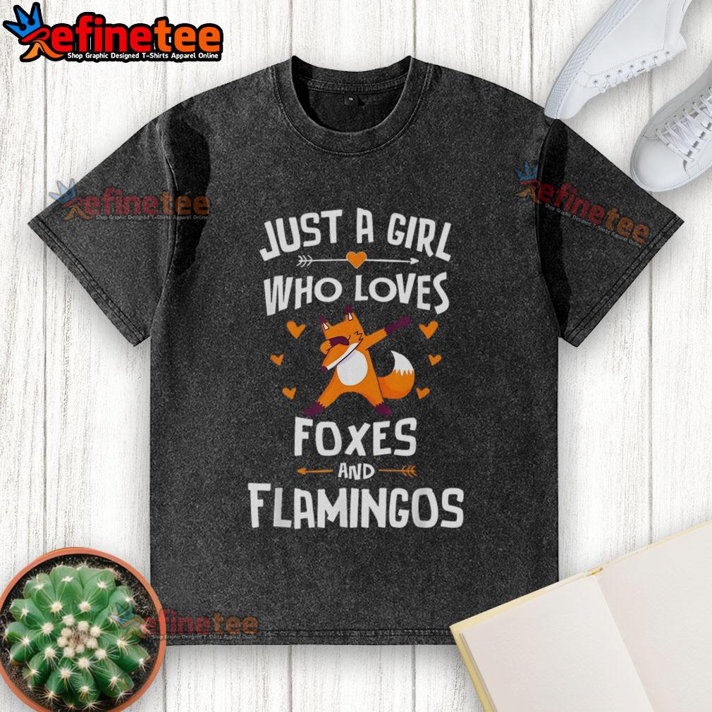 Cute washed t-shirt featuring 'Just a girl who loves foxes and flamingos' design, perfect for casual wear.