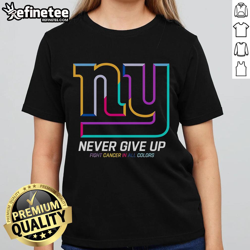 New York Giants Ladies Tee featuring 'Nice Never Give Up Fight Cancer' design in vibrant colors for breast cancer awareness.