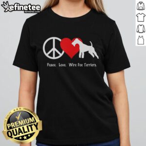 Womens tee featuring a 'Peace Love Wire Fox Terriers' design, perfect for dog lovers and stylish casual wear.