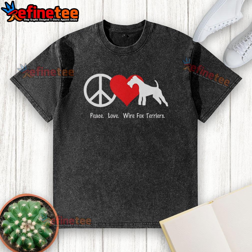 Alt Text: Nice Peace Love Wire Fox Terriers washed t-shirt featuring a playful design of adorable terriers and vibrant colors.