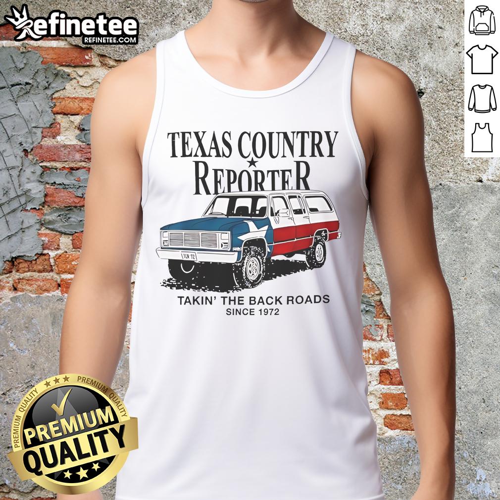 Nice Texas country reporter wearing a tank top with American flag design, showcasing back roads spirit since 1972.