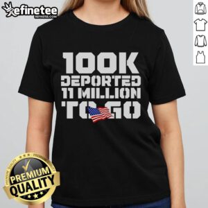 Official 100k Deported graphic on US flag design for ladies tee, highlighting immigration statistics and awareness.