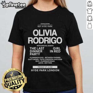 Official 2025 BST Hyde Park Olivia Rodrigo Ladies Tee featuring stylish design and vibrant colors for fans.
