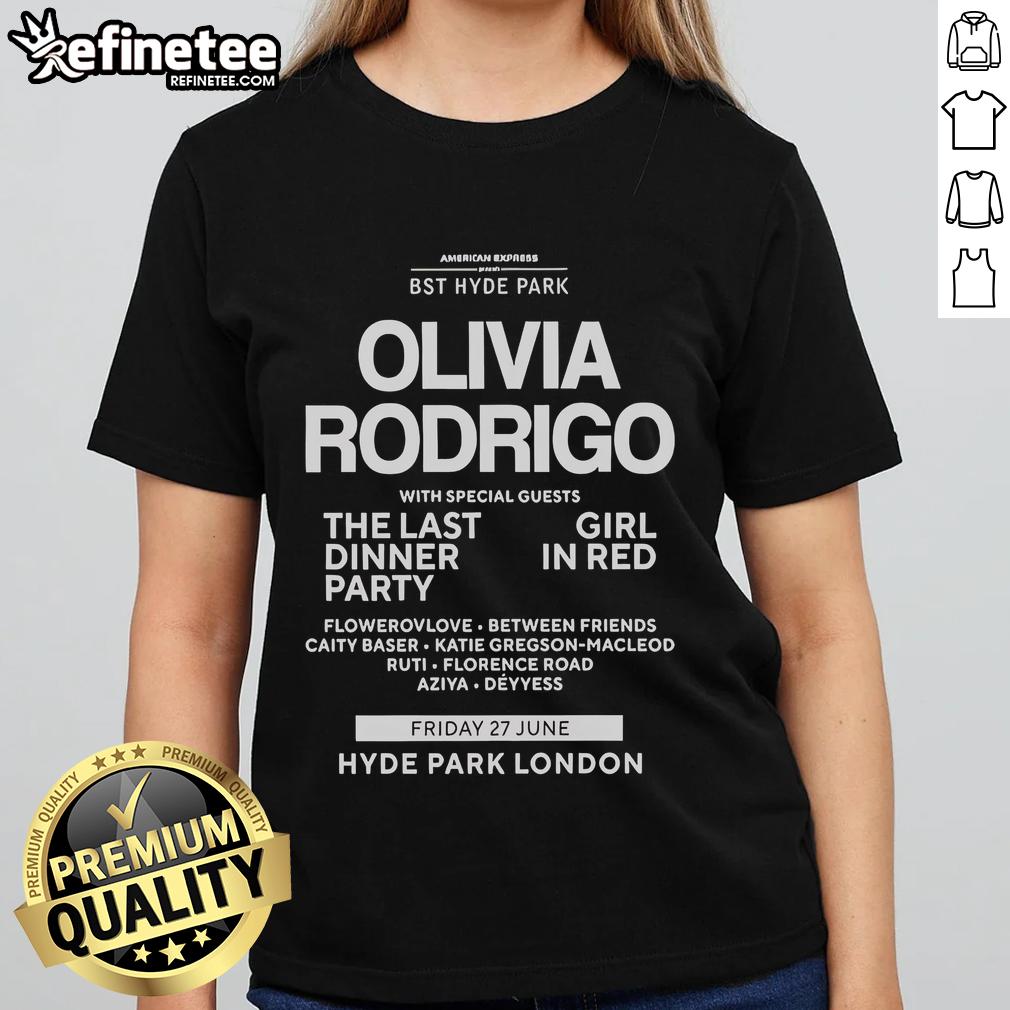 Official 2025 BST Hyde Park Olivia Rodrigo Ladies Tee featuring stylish design and vibrant colors for fans.