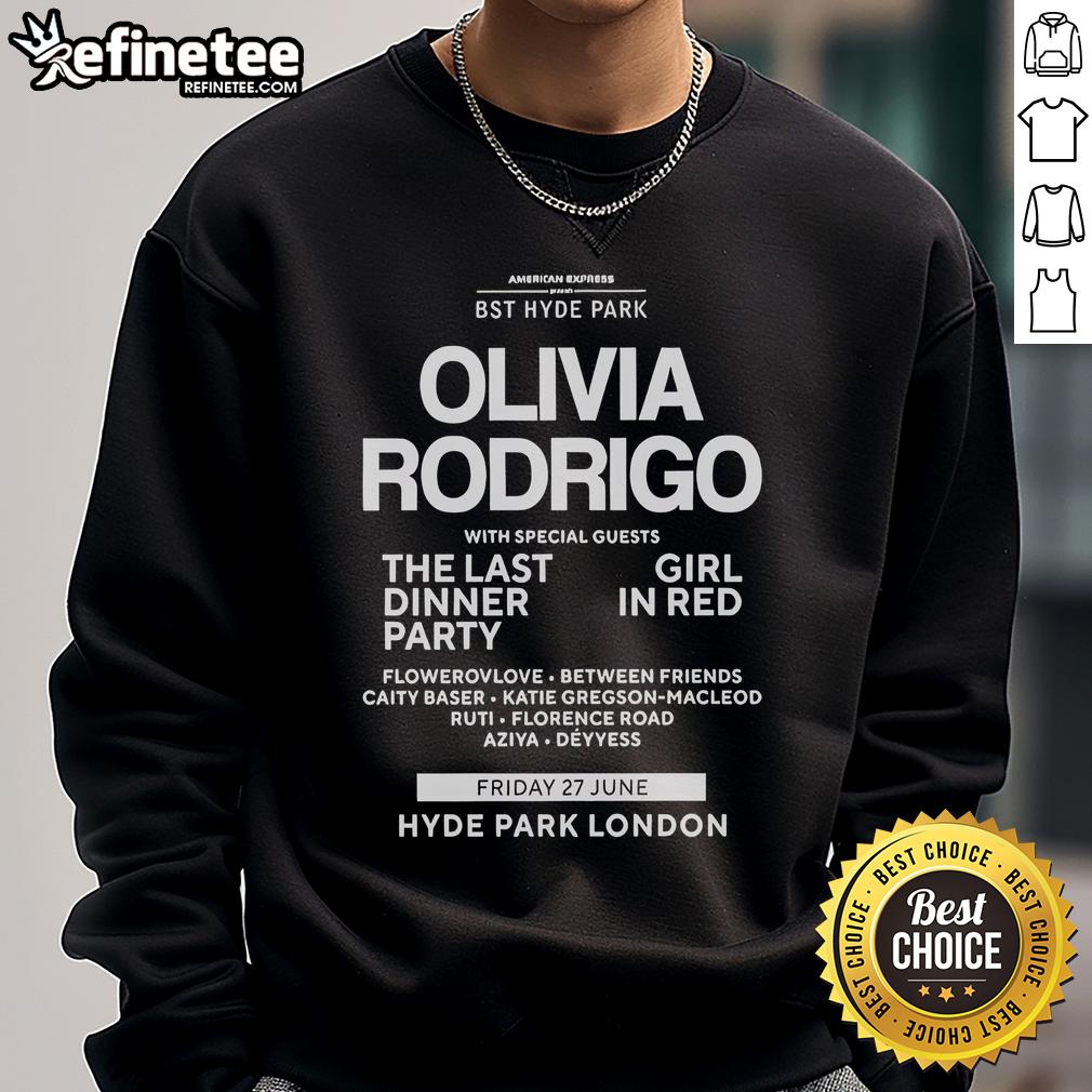 Official 2025 BST Hyde Park Olivia Rodrigo sweatshirt featuring stylish design, perfect for fans and concert-goers.