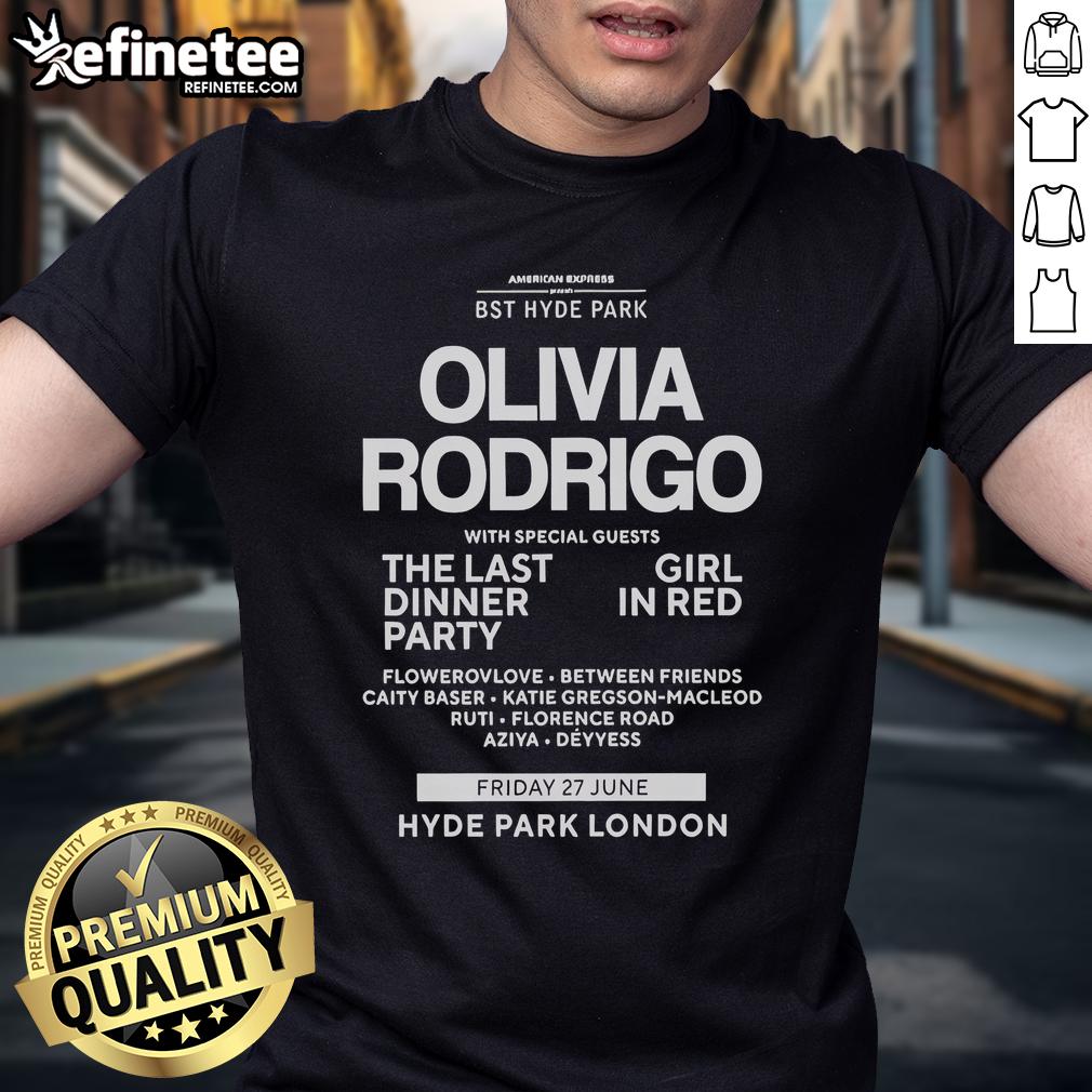 Alt Text: Official 2025 BST Hyde Park Olivia Rodrigo T-Shirt featuring vibrant design and artist logo for fans.