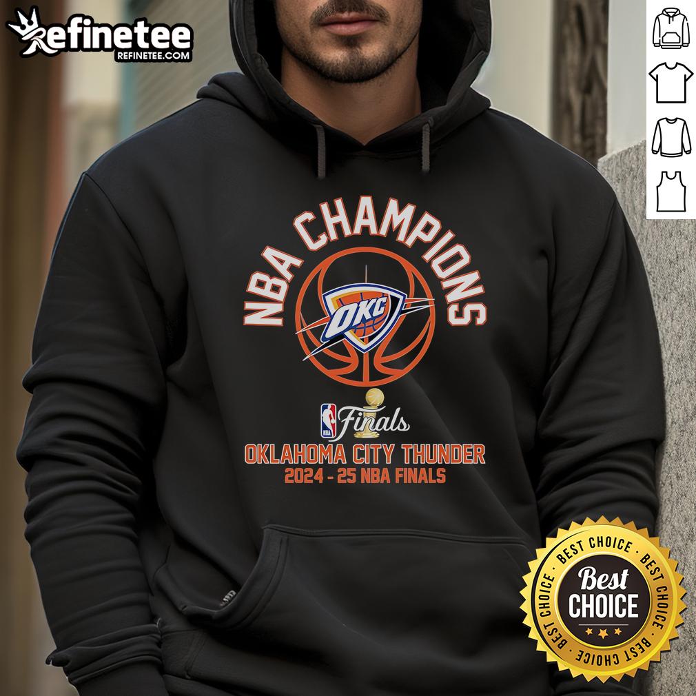 Alt Text: Official 2025 NBA Finals Champions Oklahoma City Thunder hoodie showcasing team logo and vibrant colors.