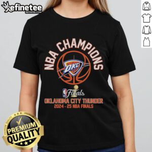 Official 2025 NBA Finals Oklahoma City Thunder ladies tee featuring team colors and logo, perfect for fans.