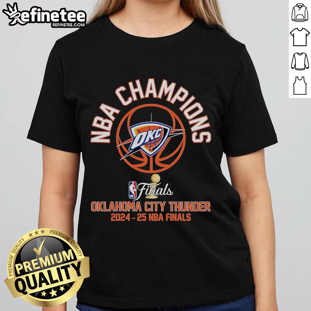 Official 2025 NBA Finals Oklahoma City Thunder ladies tee featuring team colors and logo, perfect for fans.