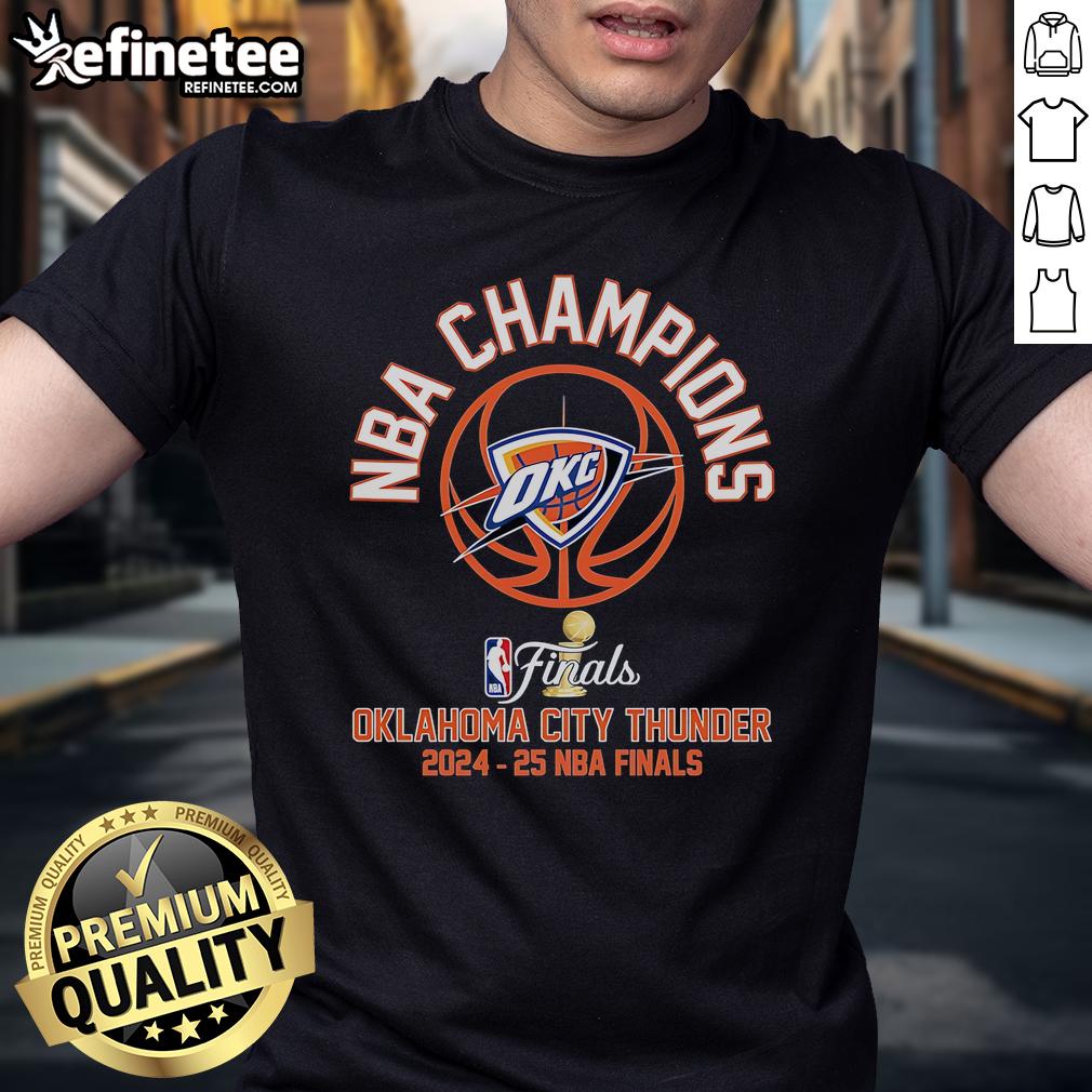 Alt Text: Official 2025 NBA Finals World Champions Oklahoma City Thunder T-Shirt featuring team logo and championship graphics.