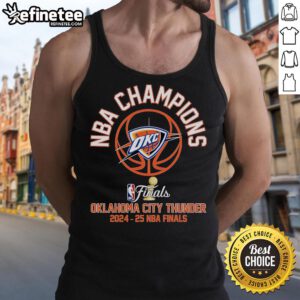 Alt Text: Official 2025 NBA Finals Champions Oklahoma City Thunder tank top showcasing team logo and vibrant colors.