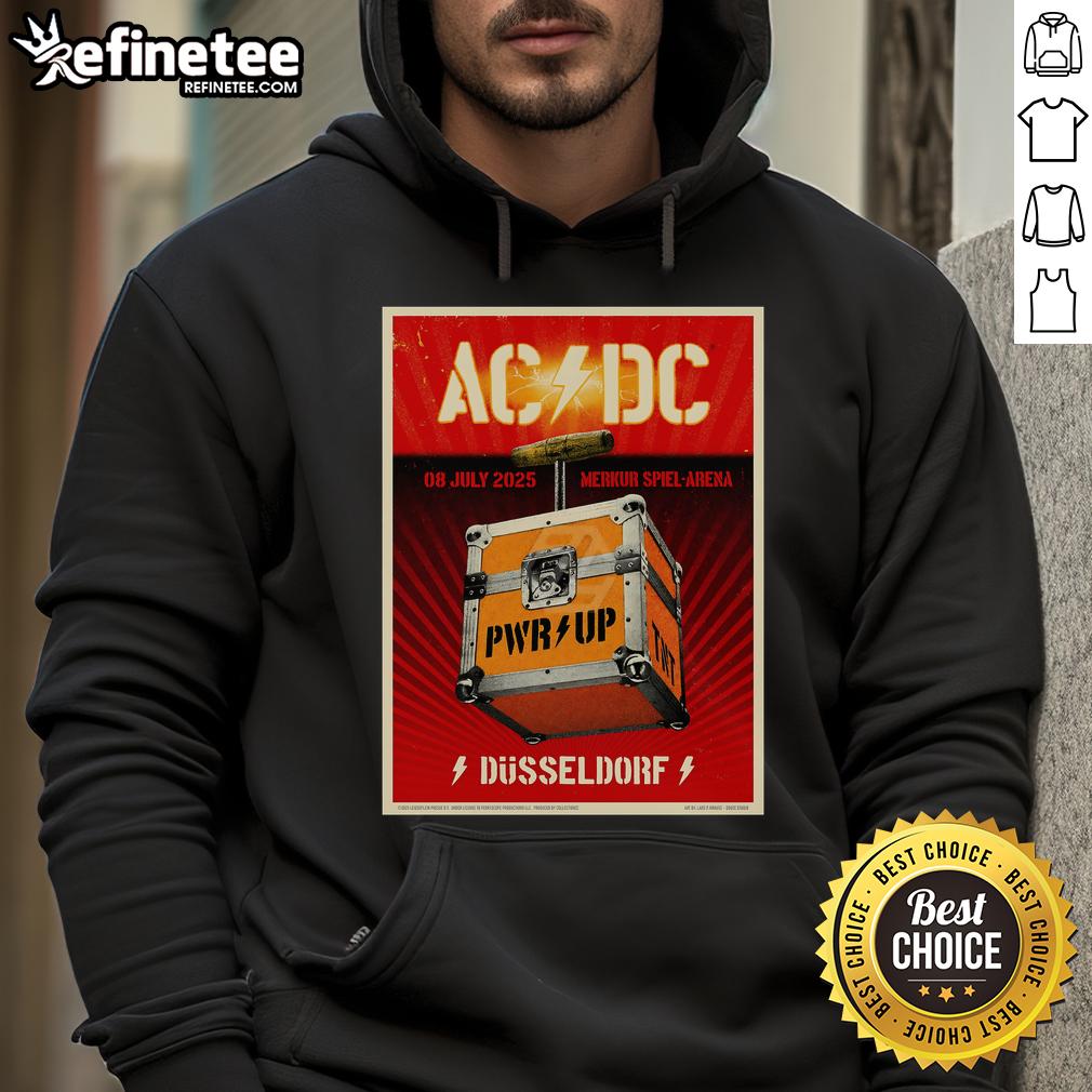 Official AC/DC concert poster for July 8, 2025, at Merkur Spiel Arena, Dsseldorf, Germany, featured on a hoodie.
