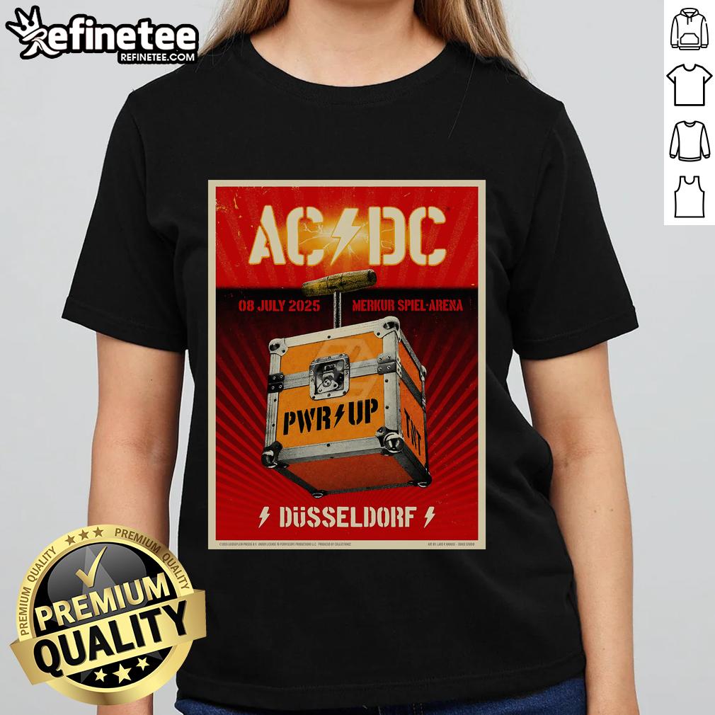 Official AC/DC concert poster for Jul 8, 2025, at Merkur Spiel Arena, Dsseldorf, Germany - Ladies Tee design.