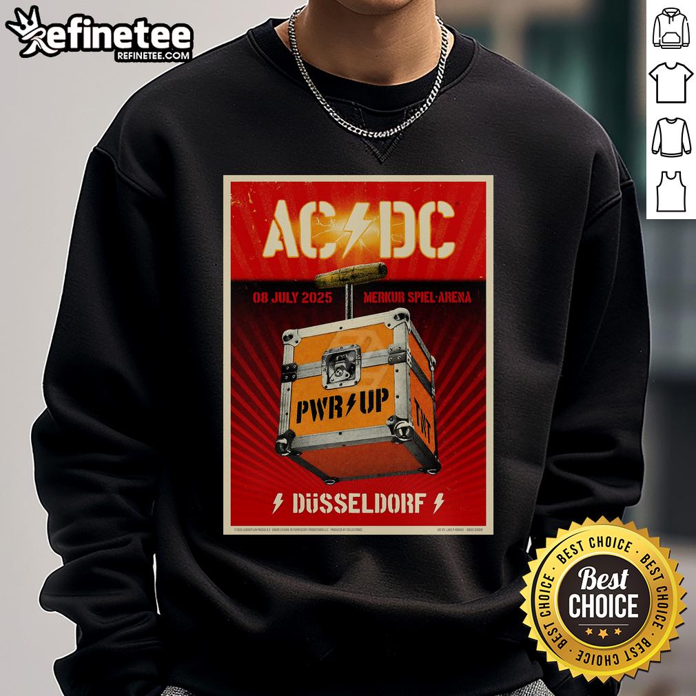 Official AC/DC concert poster for July 8, 2025, at Merkur Spiel Arena, Dsseldorf, Germany on a stylish sweatshirt.