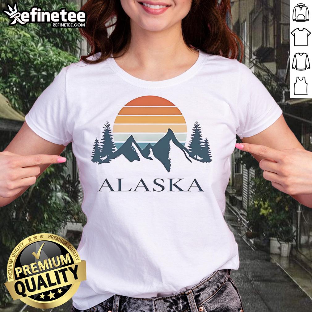 Vintage ladies tee featuring an Alaska mountain camping adventure design, perfect for travel enthusiasts and outdoor lovers.