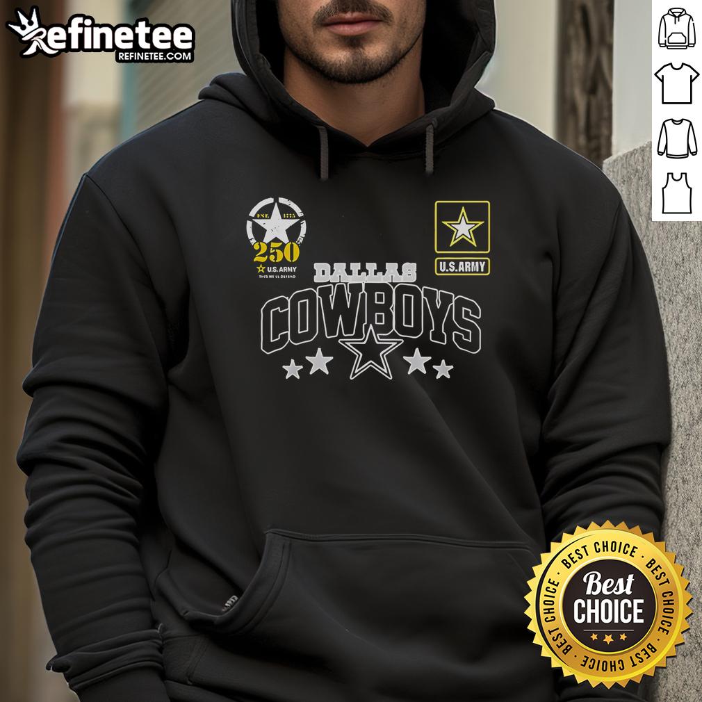Official Dallas Cowboys US Army 250th Birthday Celebration Hoodie featuring team logo and patriotic design.