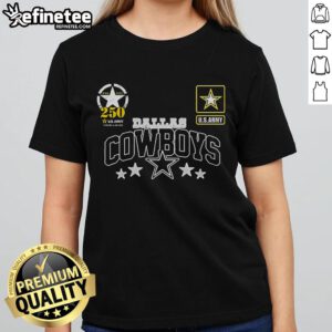 Official Dallas Cowboys US Army 250th Birthday Celebration ladies tee featuring unique design and team colors.