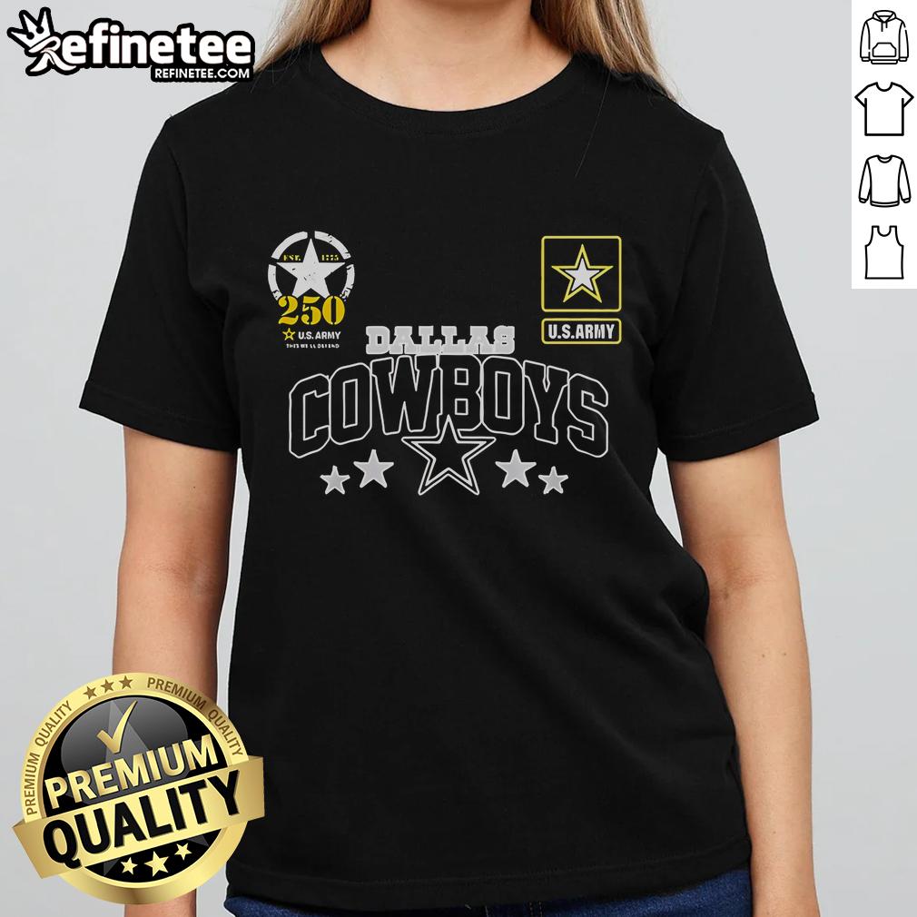 Official Dallas Cowboys US Army 250th Birthday Celebration ladies tee featuring unique design and team colors.