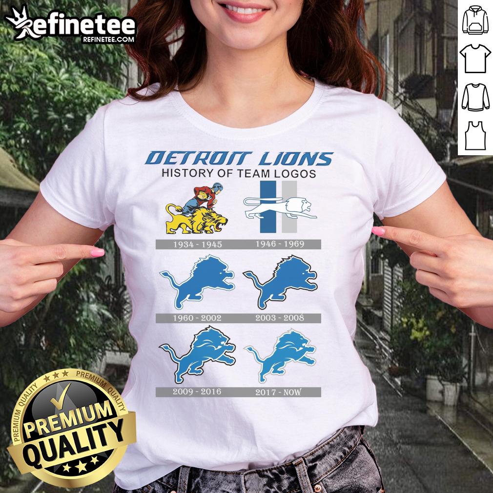 Official Detroit Lions History of Team Logos Ladies Tee featuring iconic logos on a stylish women's shirt.