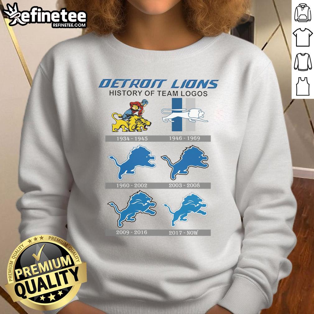 Official Detroit Lions history of team logos sweatshirt featuring iconic team logo designs and colors.