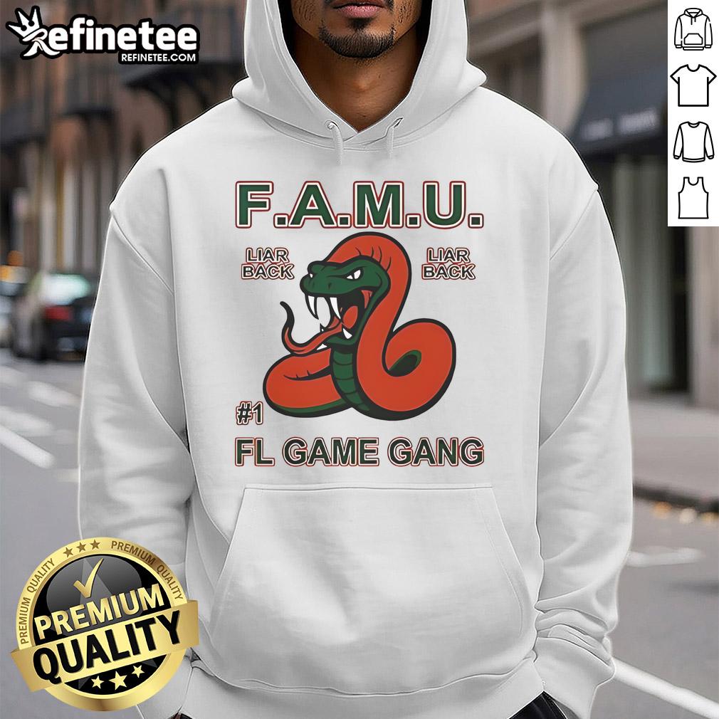 Official F.A.M.U. Liar Back FL Game Gang Rattle The Game Hoodie featuring a stylish design and vibrant colors.