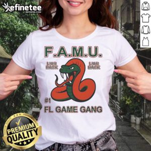 Official F.A.M.U. Liar Back FL Game Gang Rattle Tee for ladies featuring vibrant graphics and comfortable fit.