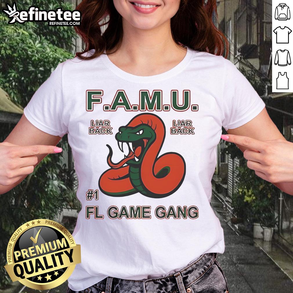 Official F.A.M.U. Liar Back FL Game Gang Rattle Tee for ladies featuring vibrant graphics and comfortable fit.