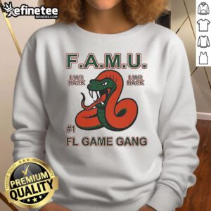 Alt Text: Official F.A.M.U. Liar Back FL Game Gang Rattle The Game Sweatshirt featuring bold graphics and a comfortable fit.
