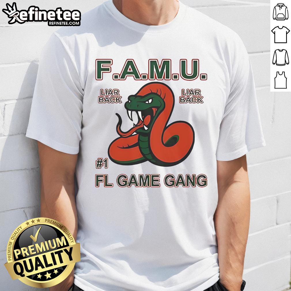 Official F.A.M.U Liar Back Fl Game Gang Rattle The Game T-Shirt featuring vibrant graphics and a stylish design.