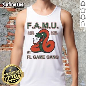 Official F.A.M.U. Liar Back FL Game Gang Rattle Tank Top featuring a stylish design for fans and gamers.