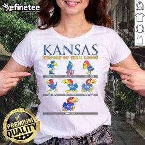 Alt Text: Official Kansas Jayhawks history of team logos ladies tee showcasing iconic designs for fans and collectors.